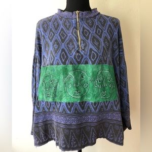 Vintage ‘80s Naf Naf Aztec Tribal Oversized Long Sleeve Shirt Painted Faces XXL